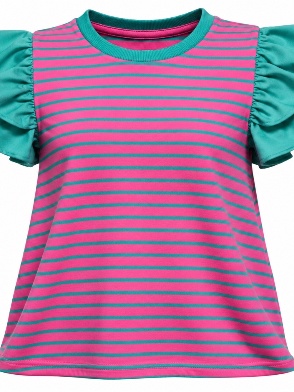 Pink & Teal Striped Ruffle Sleeve Top